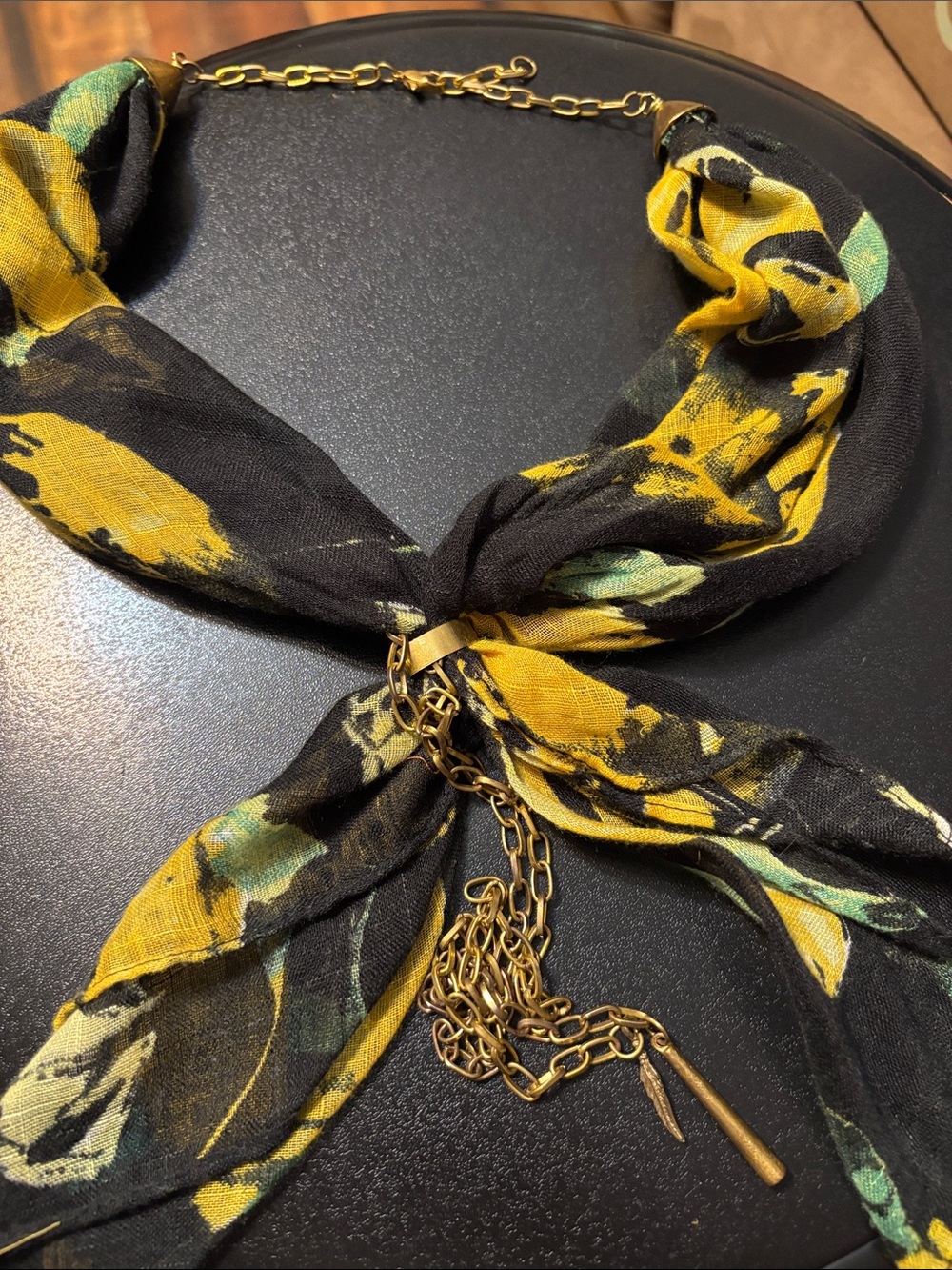 Floral Scarf Necklace with Gold Chain Accent Black, Green & Yellow Black Bright